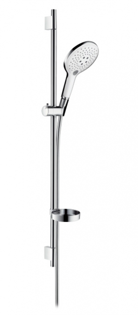 Душевой гарнитур Hansgrohe Raindance Select S 150 3iet с мыльницей 27803400, штанга 90 см, корпус хром, лицевая часть белая, 3 режима струи - фото 36217